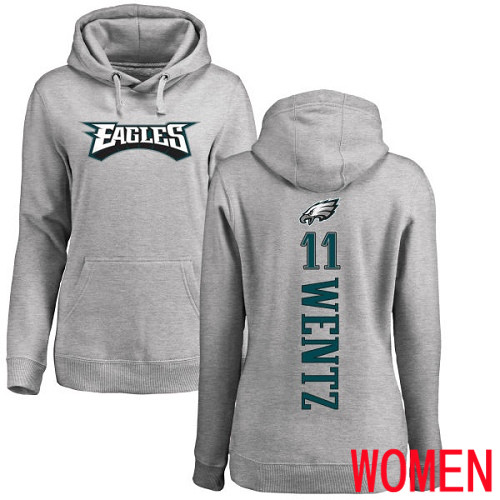 Women Philadelphia Eagles #11 Carson Wentz Ash Backer NFL Pullover Hoodie Sweatshirts